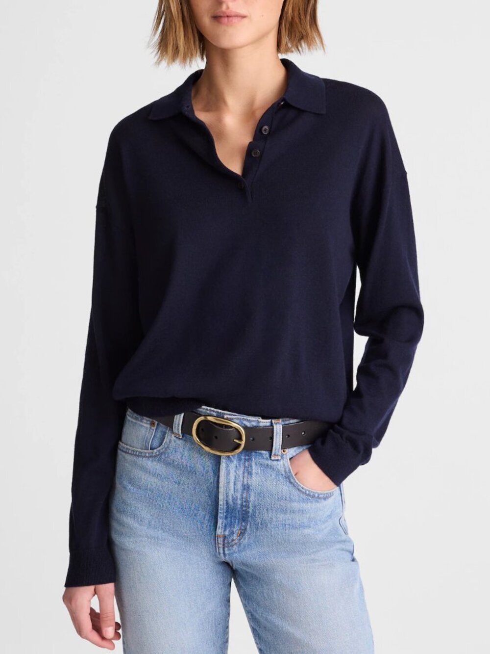 Madewell Drop Shoulder Classic Polo Sweater Merino Wool Navy Size S NWT